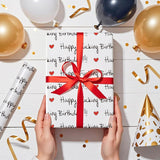 Funny Birthday Wrapping Paper Roll For Friends, Mini Roll, Black Happy Birthday Text With Red Hearts Gift Wrap Paper For Milestone Birthdays, 17 Inches X 16.4 Feet