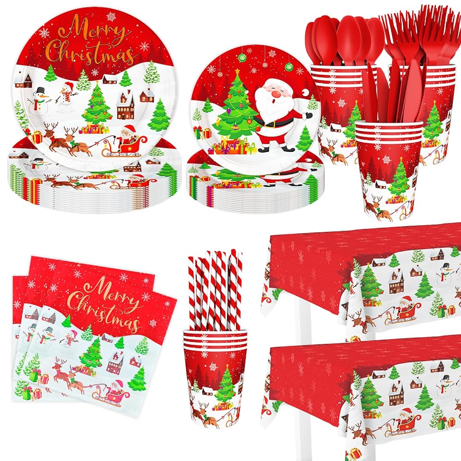 194Pcs Christmas Paper Plates And Napkins - Merry Christmas Party Decorations - Plates, Cup, Napkins, Cutlery, Tablecloth - Disposable Tableware For 24 Guests