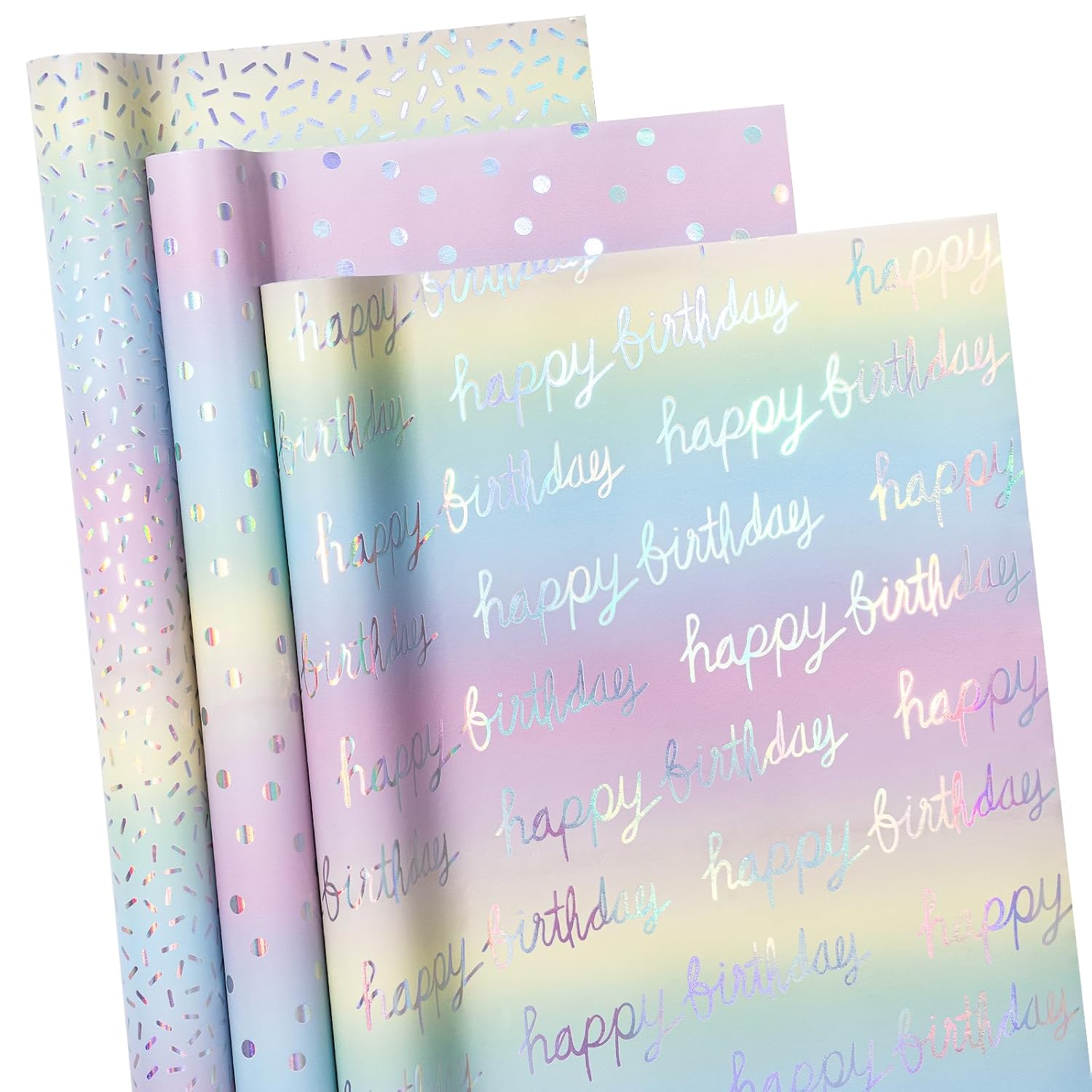 Holographic Birthday Wrapping Paper Roll Set, Iridescent Shiny Rainbow Foil Gift Wrap With Dots, Confetti And Happy Birthday Lettering For Kids, Girls, 3 Rolls, 17 Inches X 10 Feet Per Roll