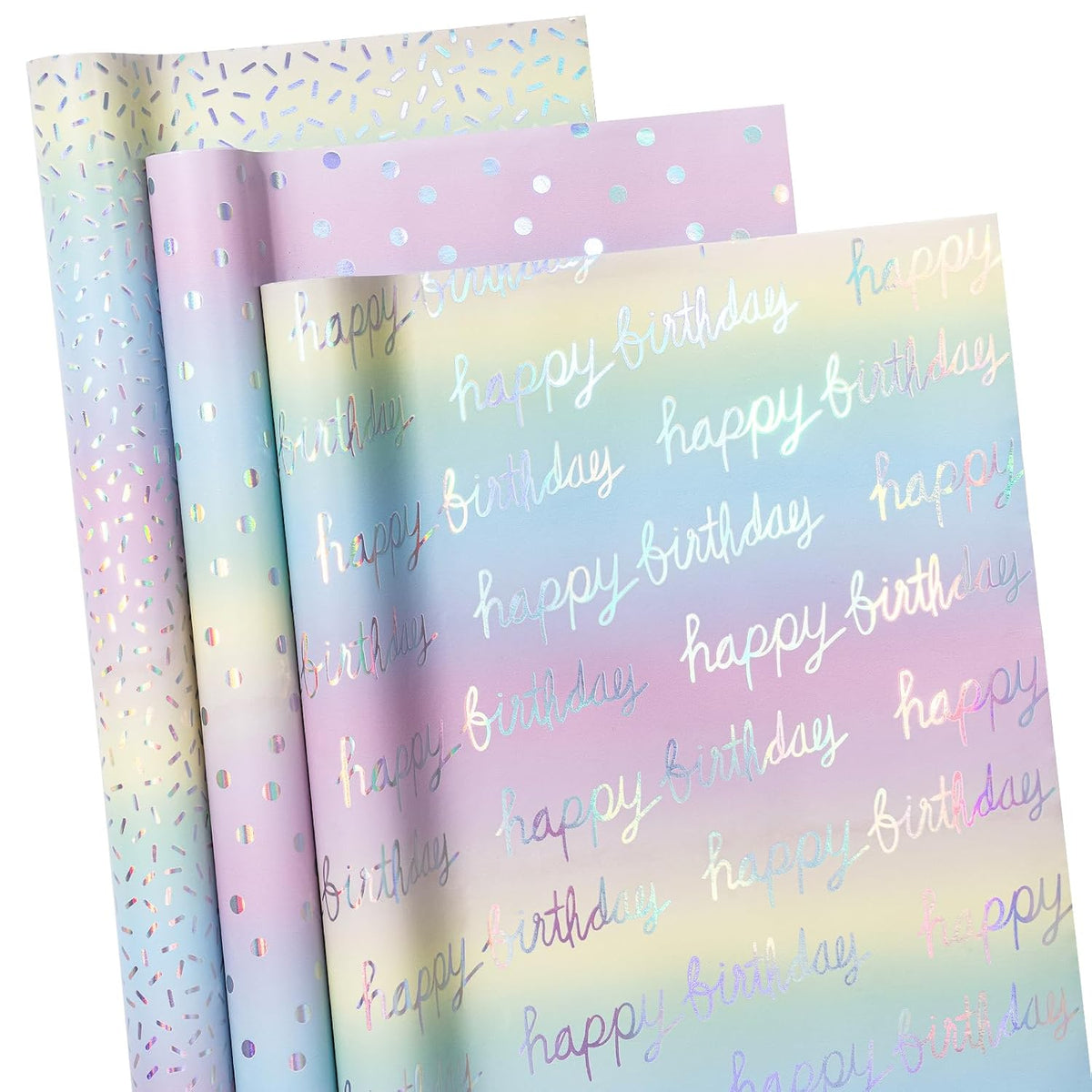 Holographic Birthday Wrapping Paper Roll Set, Iridescent Shiny Rainbow Foil Gift Wrap With Dots, Confetti And Happy Birthday Lettering For Kids, Girls, 3 Rolls, 17 Inches X 10 Feet Per Roll