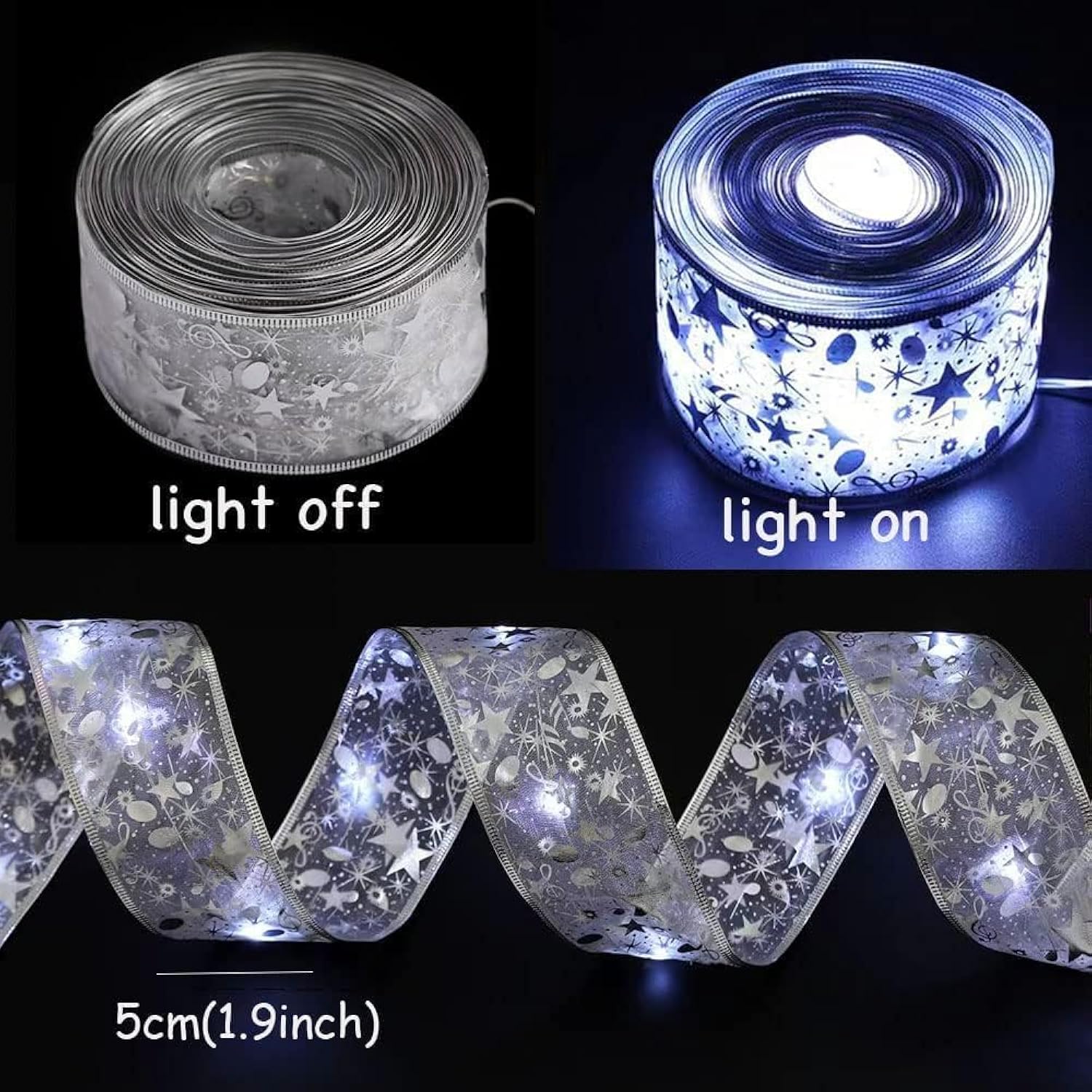 Christmas Tree Decorations 66Ft 200 Led Sliver Ribbon Fairy Lights Battery-Powered Copper Wire Bows For Christmas New Ye