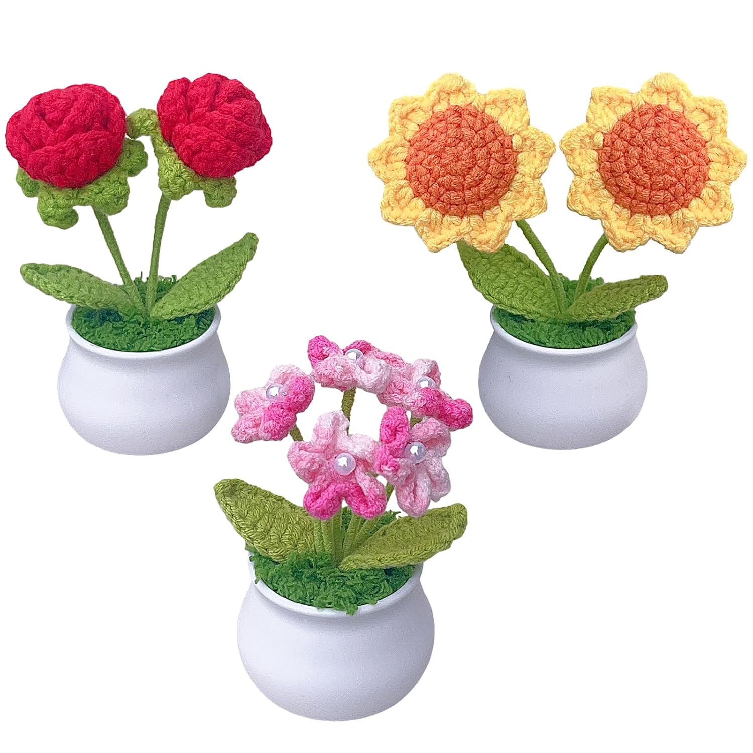 3Pcs Crochet Flower Pot, Sunflower Red Rose Forget Me Not Small Potted Flowers, Mothers Day Valentines Gifts For Mom Wife, Cute Desk Decor For Women Office Car Dashboard