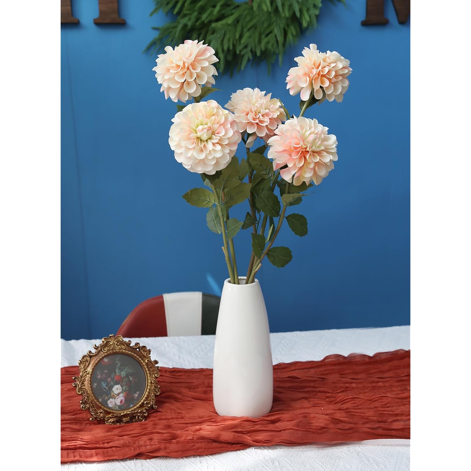Pink Dahlia Artificial Flowers 5 Pcs Long Stem Silk Dahlia Flowers 27” For Bathroom Tall Vase Wedding Anniversary Centerpiece Aisle Outdoor Decor(Champagne&Pink)