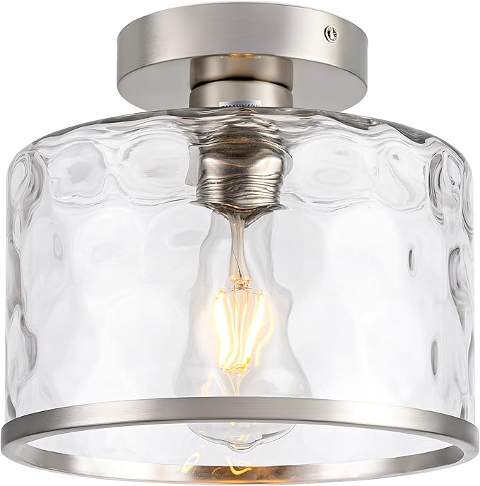 Satin Nickel Semi Flush Ceiling Light with Hammered Glass Farmhouse Fixture