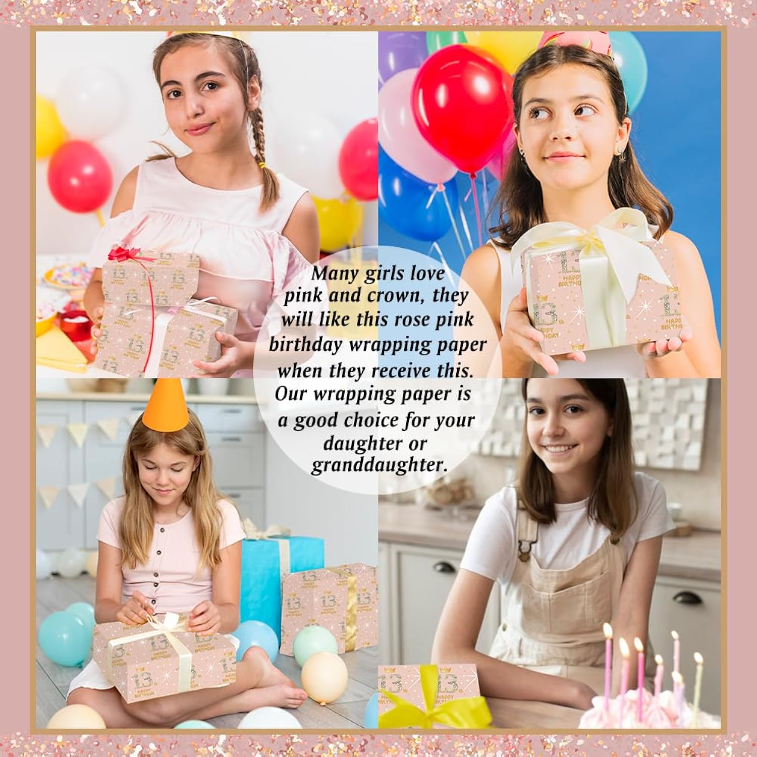 Happy 13Th Birthday Wrapping Paper For 13Th Birthday Girls, Rose Gold 13Th Birthday Decorations For Girls, Mini Roll 17 Inches X 16.4 Feet, 13Th Birthday Gifts Ideas For Daughter Granddaughter Friends