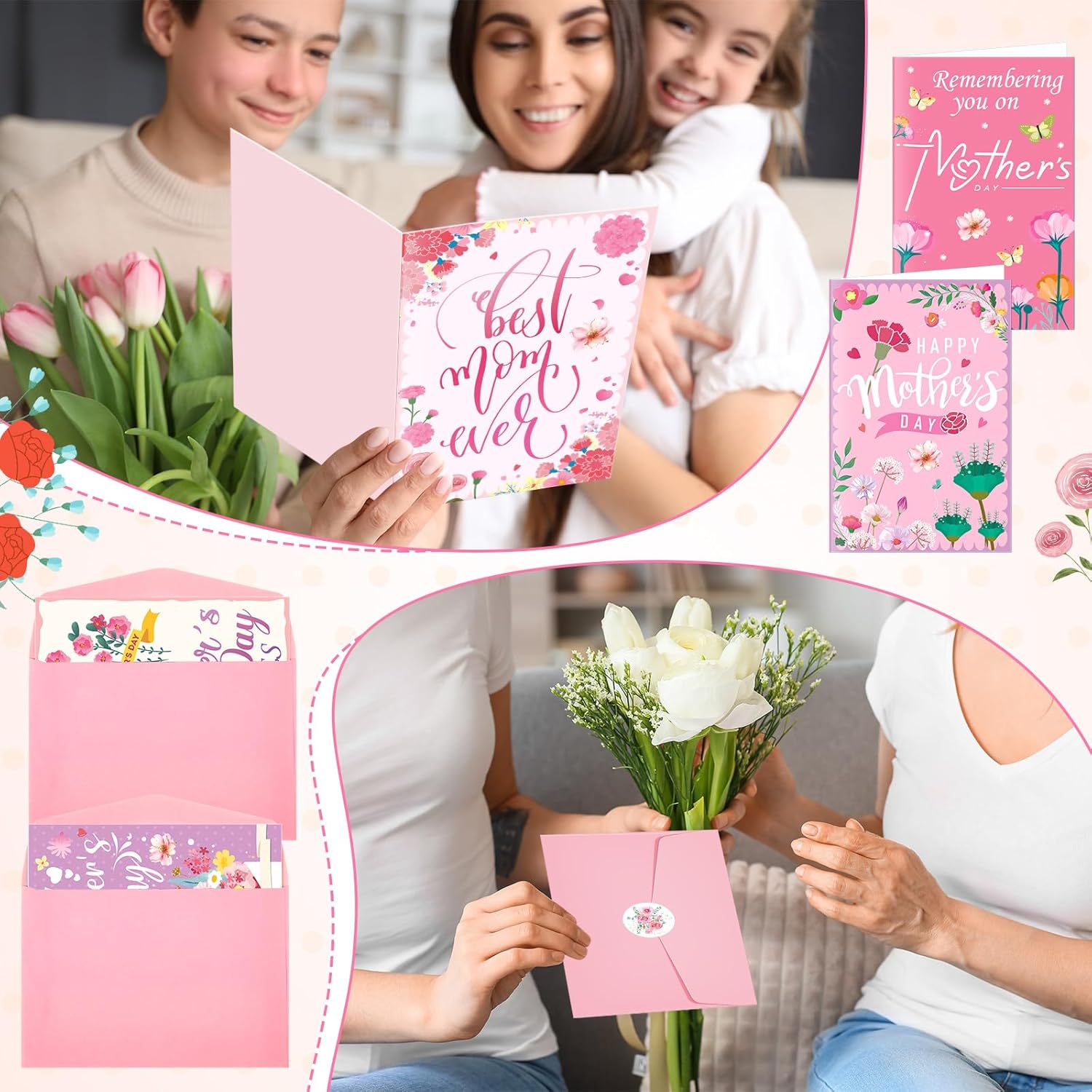100 Pcs Mothers Day Greeting Cards, Mother'S Day Cards Bulk With Pink Envelopes And Stickers Blank Inside For Mother'S Day Mom Birthday Gift Supplies For Florist Church Mom Flower