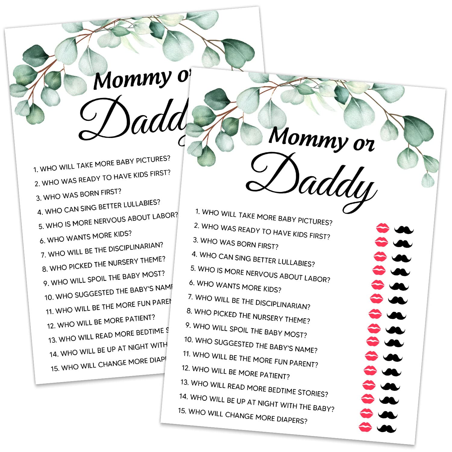 Baby Shower Games, Mommy Or Daddy Game, Greenery Eucalyptus Theme Party Cards For Gender Neutral Boys Or Girls, Baby Shower Party Supplies -Set Of 30 Cards