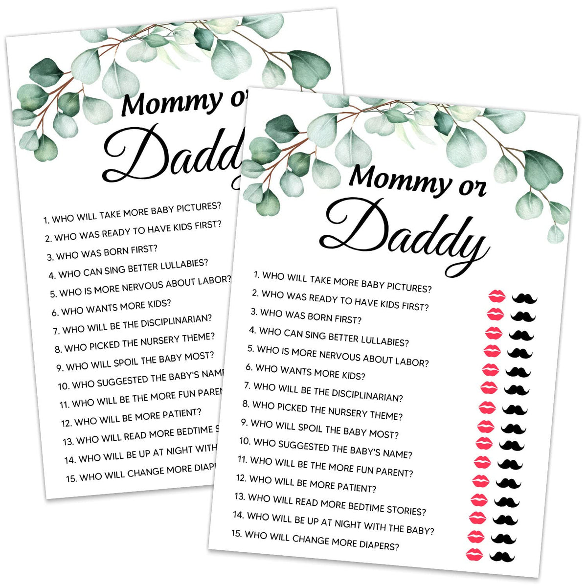Baby Shower Games, Mommy Or Daddy Game, Greenery Eucalyptus Theme Party Cards For Gender Neutral Boys Or Girls, Baby Shower Party Supplies -Set Of 30 Cards