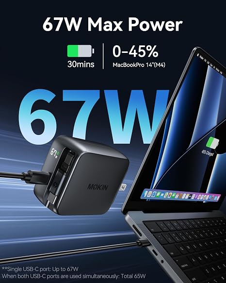 67W Retractable USB C Fast Charger with Built In Cable Dual Port GaN Wall Charger