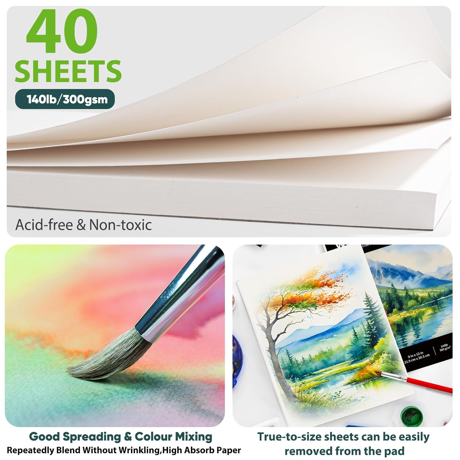 Watercolor Paper Pad, 9"X12" Water Color Paper, 140Lb/300Gsm 40 Sheets Artist Painting Drawing Paper Book, Art Supplies For Adults, Watercolor Paint Set, Sketchbook, Journal, Notebook