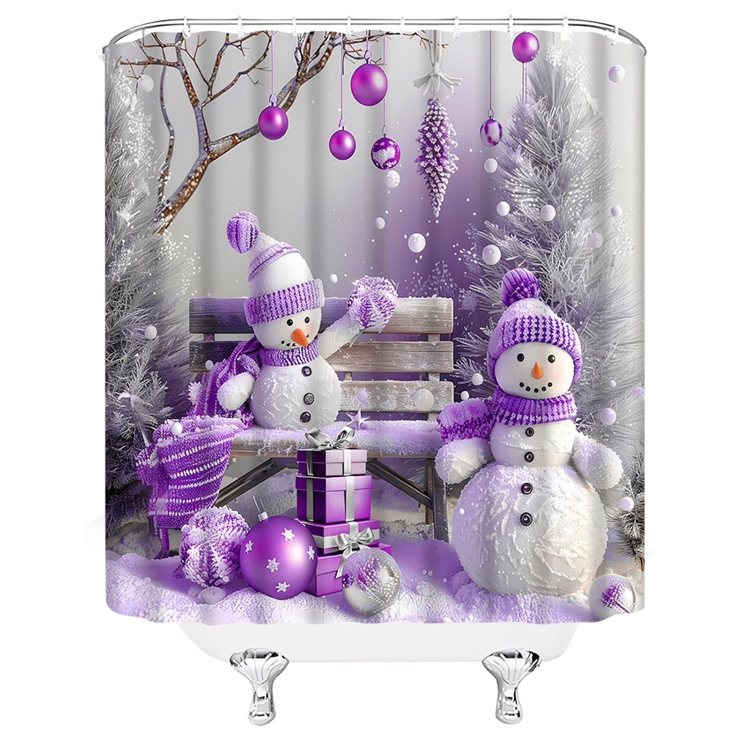 Christmas Snowman Shower Curtain Winter Holiday Cute Snowman Pine Tree Xmas Ball Funny Nature Rustic Merry Christmas Fabric Bathroom Decor Curtain With Hooks,70Wx70H Inches