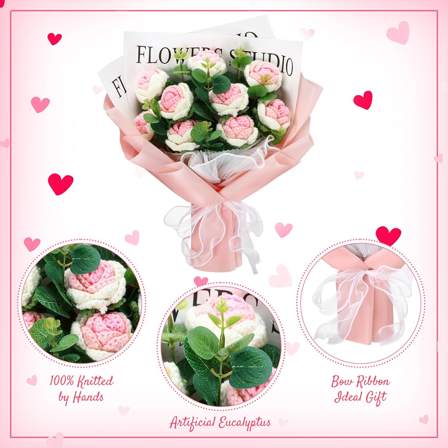 Valentine S Day Led Crochet Flowers Bouquet Light Up Knitted Flower Bouquet Crochet Plants Crochet Handmade Rose Home Decor For Birthday Mother Teacher Wedding Gifts(Gradient White And Pink)