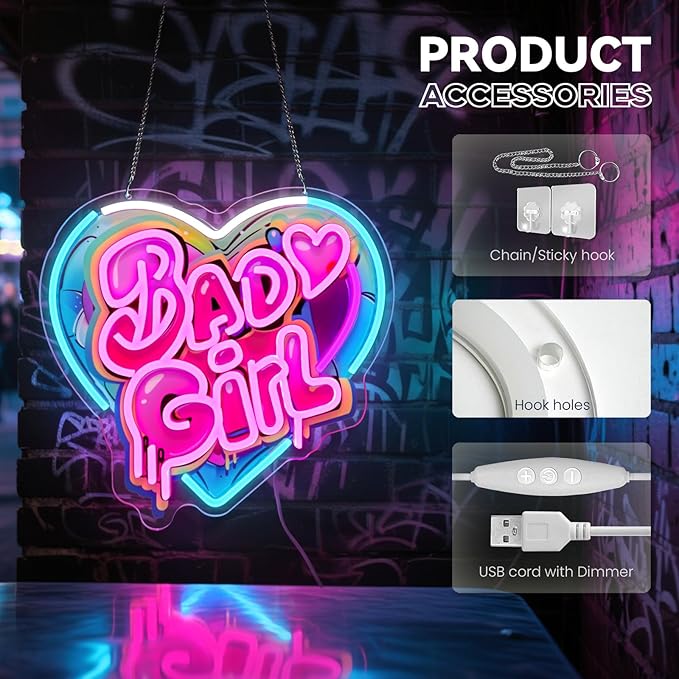 Bad Girl Neon Sign Pink LED Wall Light Dimmable Acrylic Neon Decor for Bedroom Bar Party Room