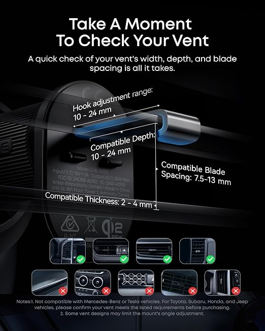 Qi2 25W Magnetic Wireless Car Charger Mount with Vent Clip for iPhone 17 16 15 14 13 12