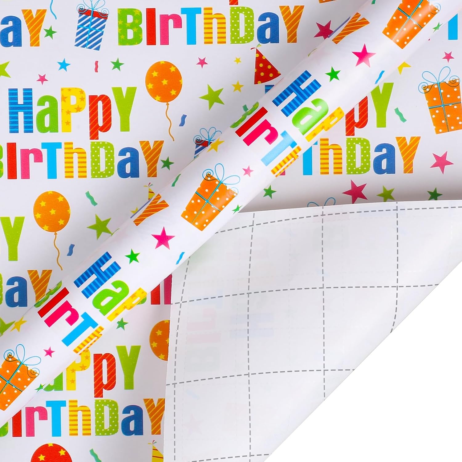 Birthday Wrapping Paper Rolls Colorful Gift Wrapping Paper With Happy Birthday Lettering Candles Polka Dots Stripes Design For Party Baby Shower - 4 Rolls - 17 In X 120 In(10Ft) Per Roll