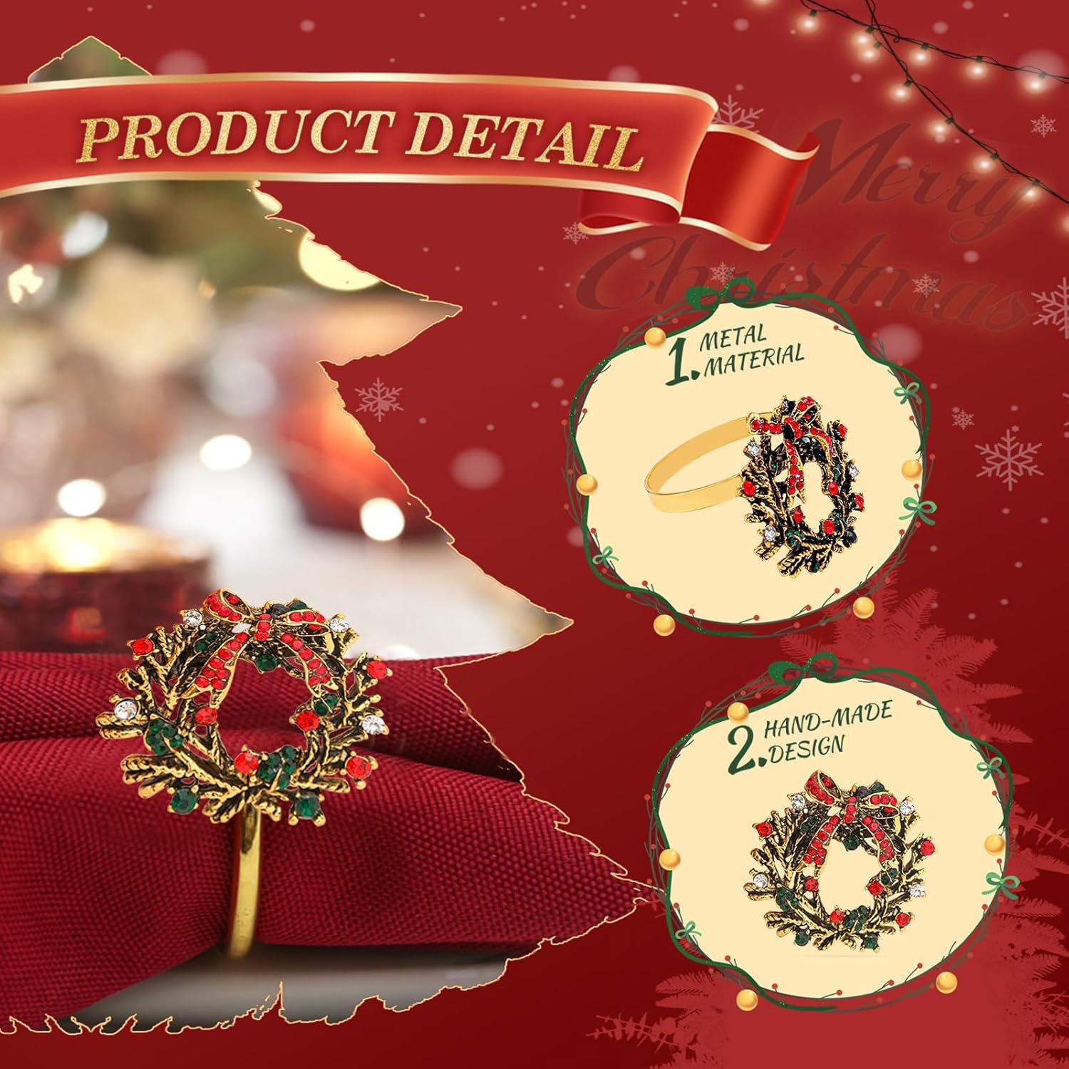 16Pcs Christmas Wreath Napkin Rings Set Of 8 And 8 Christmas Napkins Cloth, Napkins Holdes For Dinning Table Setting Decoration, Xmas Dinner Tables Rings For Winter Party