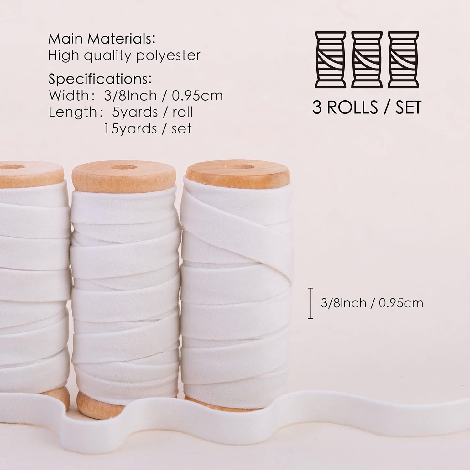 White Velvet Ribbon Set 3/8"" X 15 Yd Wooden Spool Fabric Trim 3 Rolls * 5 Yd For Christmas Wreath Decoration Handmade Craft Ornaments Gift Wrapping & Bow Making (Cream)