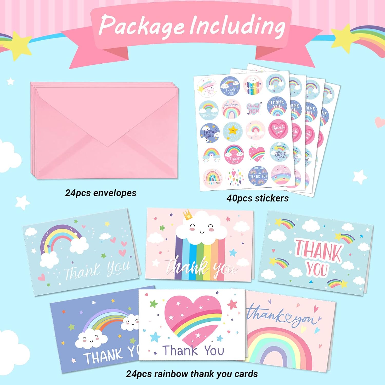 24 Pcs Rainbow Thank You Cards With Envelopes And Stickers Thank You Notes For Birthday Shower Party Favors Wedding Supplies