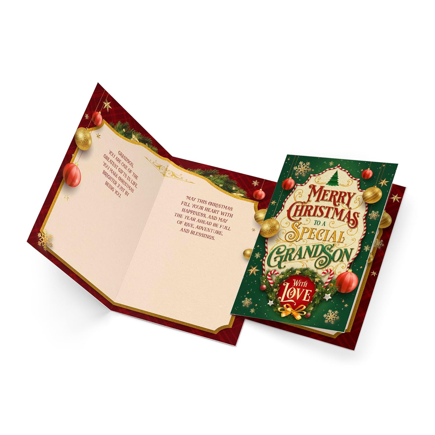 Grandson Christmas Card, Made In America, Thick Card Stock With Premium Envelope Packaged In A Reusable Presentation Mailer, Eco-Friendly, 5In X 7.75In