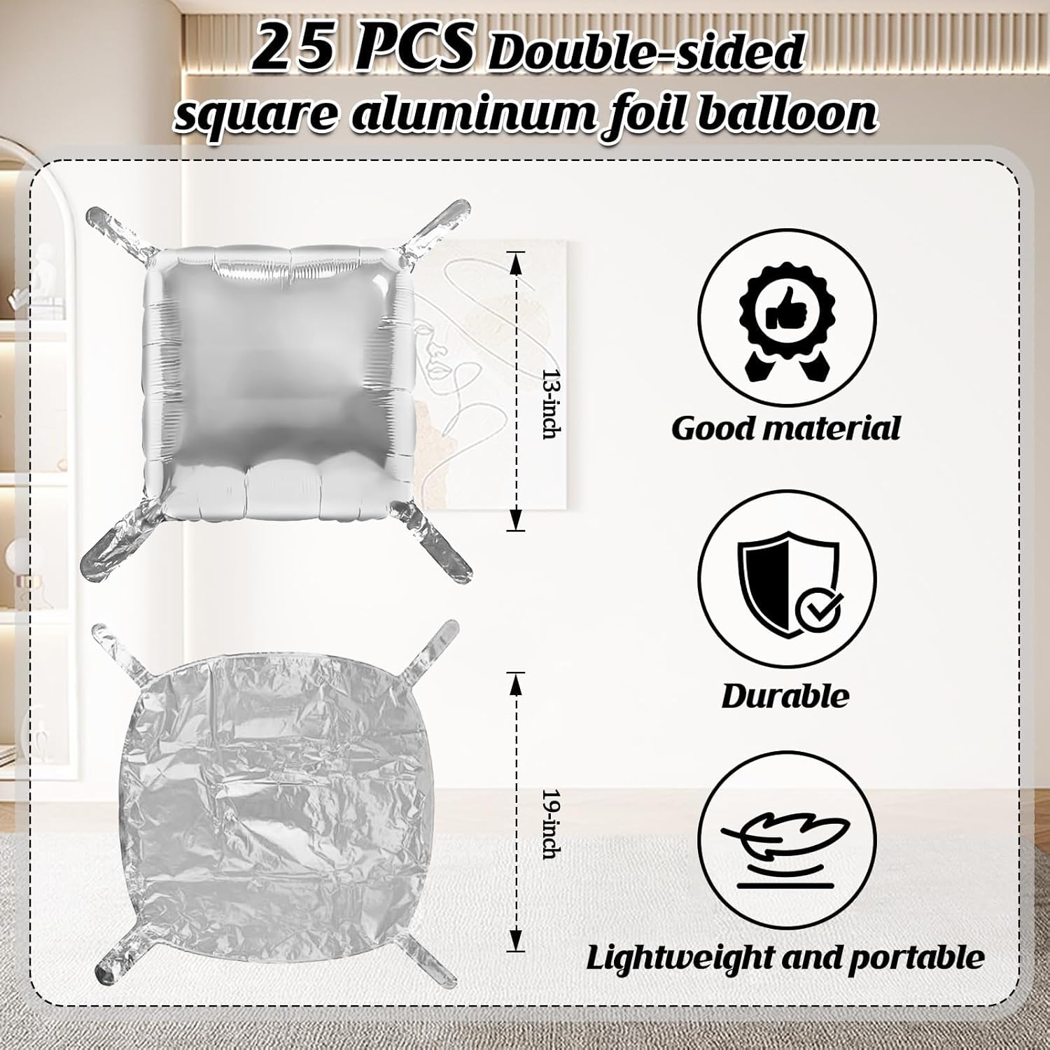 25 Pcs 19Inches Silver Square Foil Balloons Wall | Double Sided Cube Balloons Tunnel Arch Kit - Ideal For Birthday, Wedding, Anniversary Background Decorations(Silver)