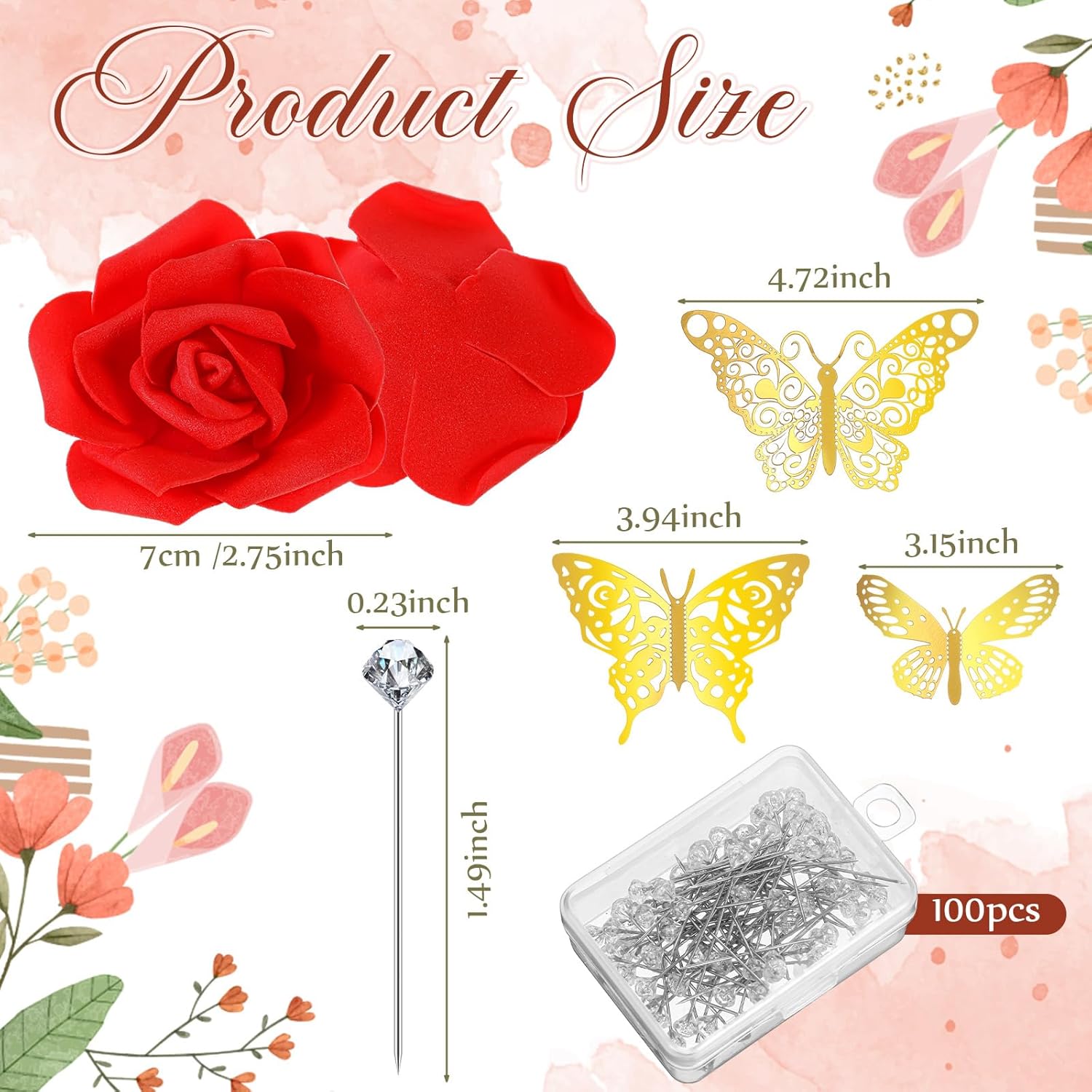 100 Pack Pink Red Roses Artificial Flowers Heads Foam Fake Rose Butterfly Diamond Pins For Diy Holiday Wall Bridal Shower, Wedding Bouquet Decoration (Red)