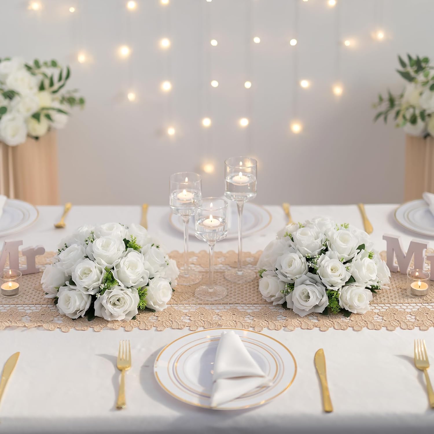 White Flower Balls For Centerpieces: 2Pc 11.8 Inch Artificial Rose Floral Arrangement Bouquet Wedding Dinning Table Decoration - Easy Use Kissing Ball For Home Party Baby Shower Decor