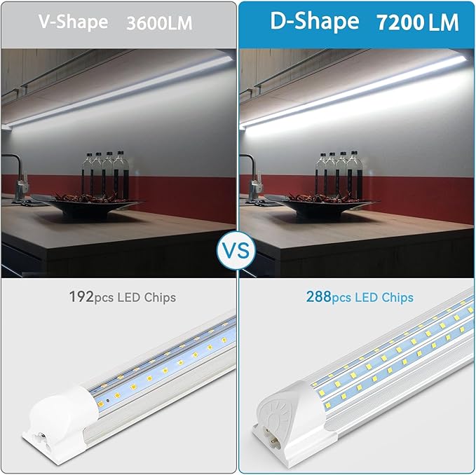 4 Pack 4FT LED Shop Lights 48W 7200LM 6000K D Shape Linkable T8 Fixtures for Garage Workshop