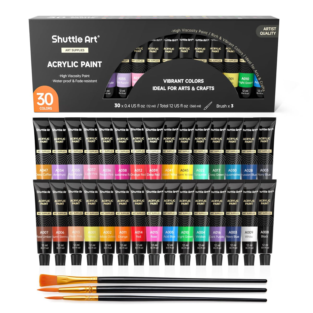 Acrylic Paint Set, 30 X12Ml Tubes Artist Quality Non Toxic Rich Pigments Colors Great For Kids Adults Professional Painting On Rocks Canvas Wood Clay Fabric Ceramic Crafts