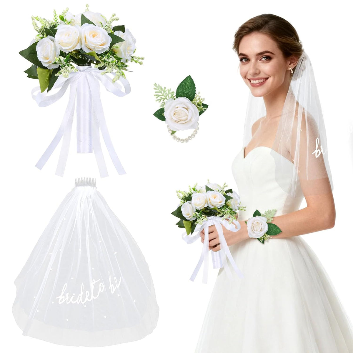 Wedding Bouquets For Bride Bridesmaid With Bride To Be Veil And Wrist Corsage, White Artificial Roses Flowers Bridal Accessories For Wedding Marriage Proposal Church Decoration (8.6In)