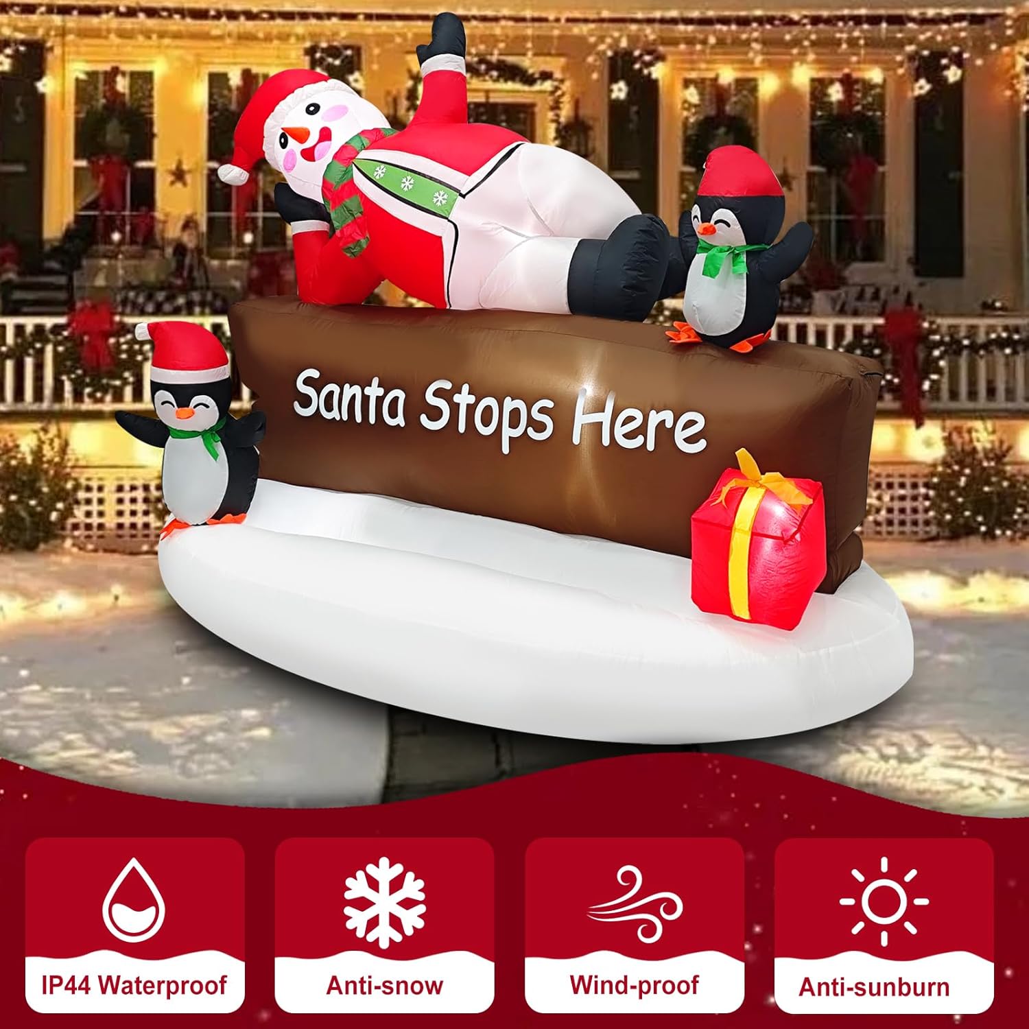 Christmas Inflatable Decotation “Santa Stops Here” Sign With Snowman & Penguins Cute 5.6Ft Holiday Yard Decoration With