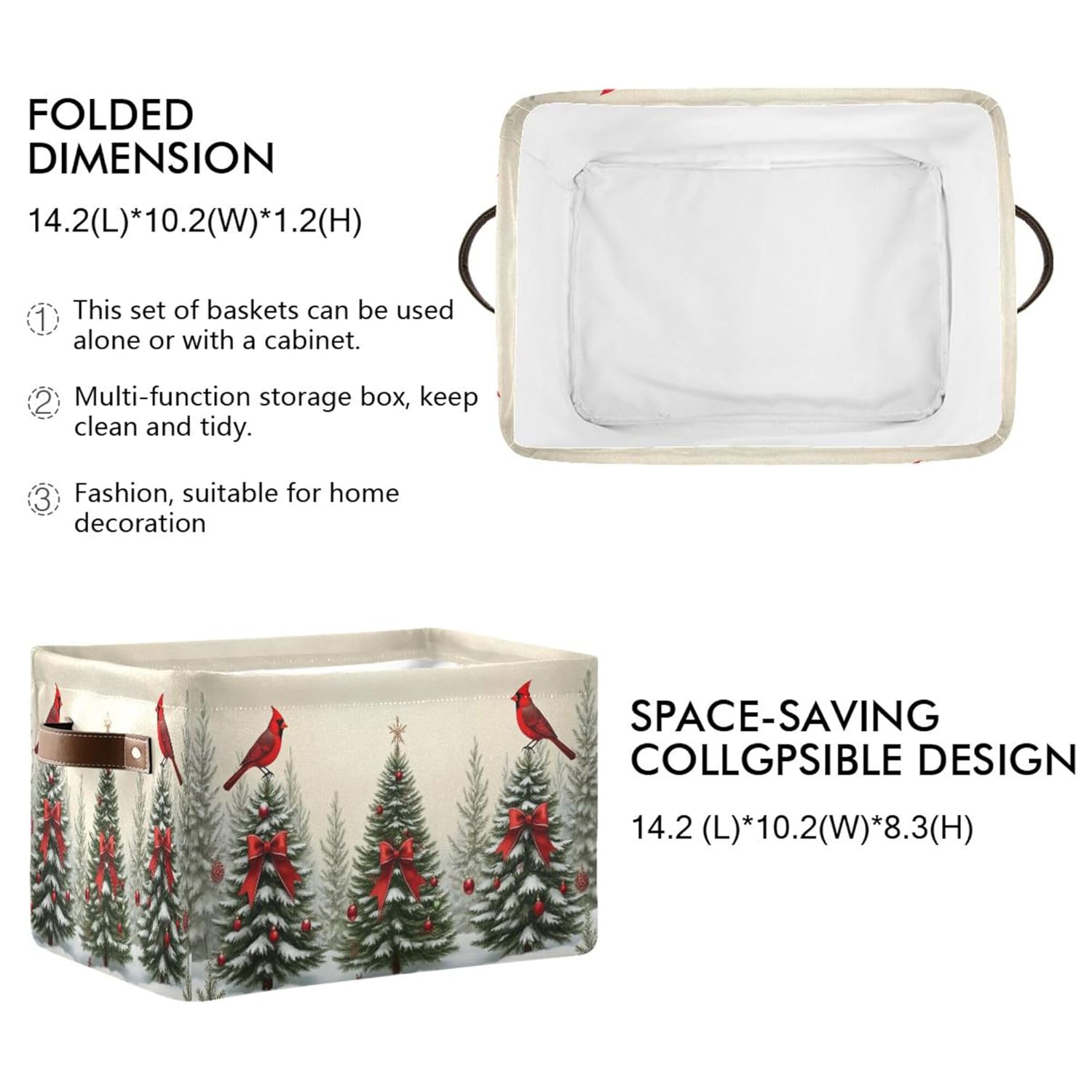 Christmas Tree Cardinals Birds Storage Basket With Waterproof Liner And Pu Handles Winter Xmas Tree Bow Storage Bins Boxes 14.2" Collapsible Decorative Organizer Baskets For Bedroom Office 1 Pack