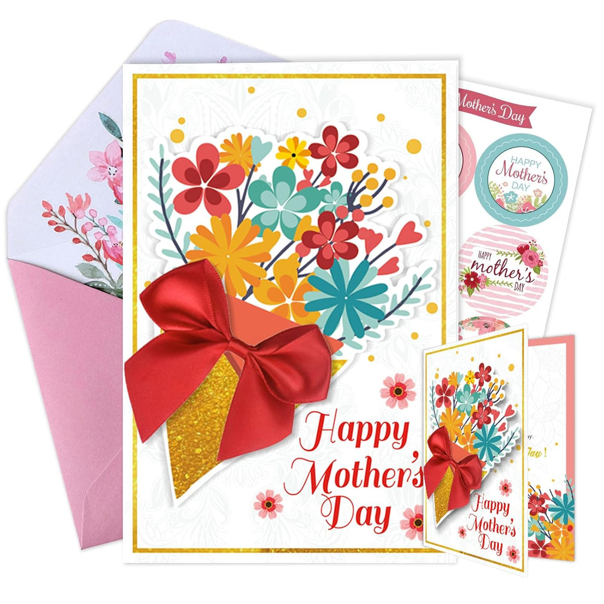 Happy Mothers Day Card With 3D Floral And Ribbon Designs, Textured Mother'S Day Card For Mom Grandma With Envelope And Stickers