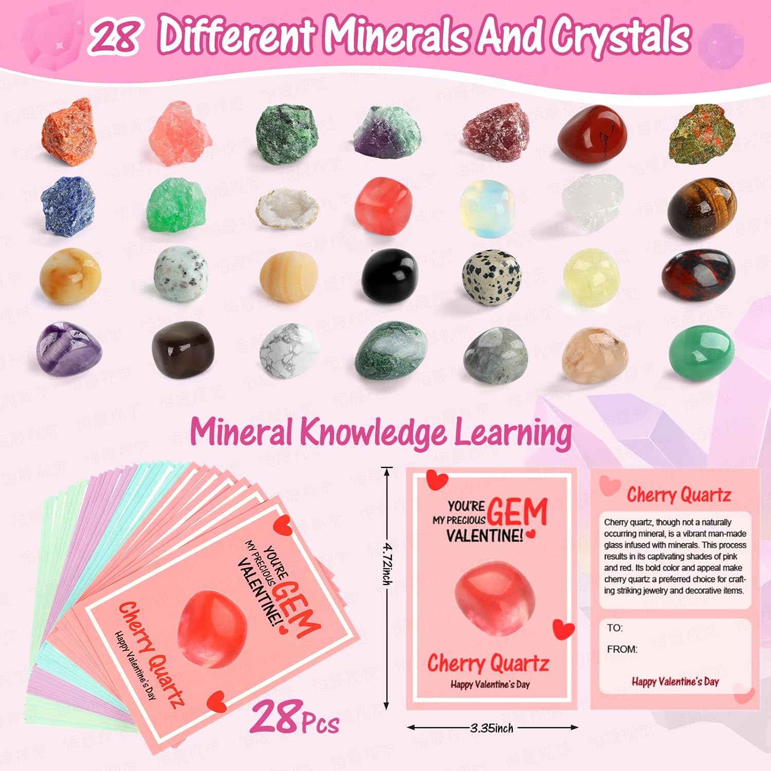 Valentines Day Cards For Kids School, 28 Sets Valentines Day Cards Natural Gemstone Crystals Rocks Minerals Bulk, Valentine Exchange Card For Kids Girls Boys School Class Classroom Party Favors (#1)