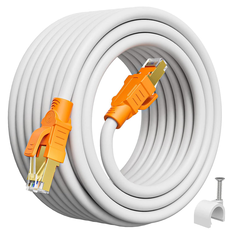 Cat 8 Ethernet Cable 30Ft White, Outdoor Indoor Cat 8 Shielded Cable 26Awg, He