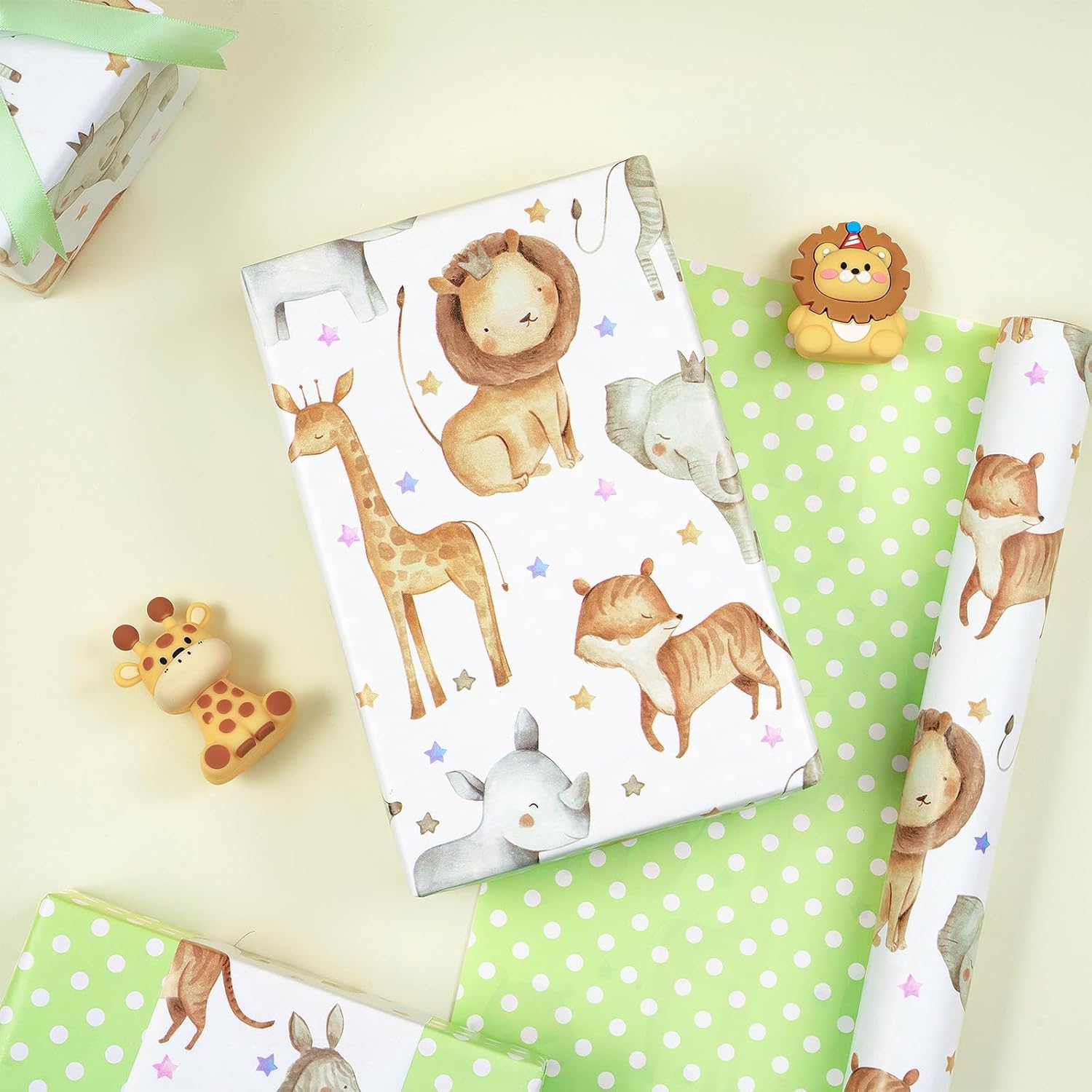 Neutral Baby Shower Reversible Wrapping Paper Roll, Mini Roll, Cute Safari Jungle Animals & Green Polka Dots Gift Wrap For Kids' Birthday, Baby Shower, Nursery Celebrations, 17 Inch X 9.8 Feet