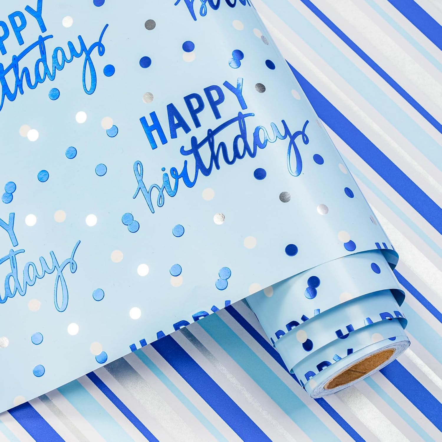 Reversible Blue Birthday Wrapping Paper Roll For Boys Men, Happy Birthday Lettering & Stripe Pattern With Metallic Foil In Blue, Mini Roll, 17 Inches X 9.8 Feet