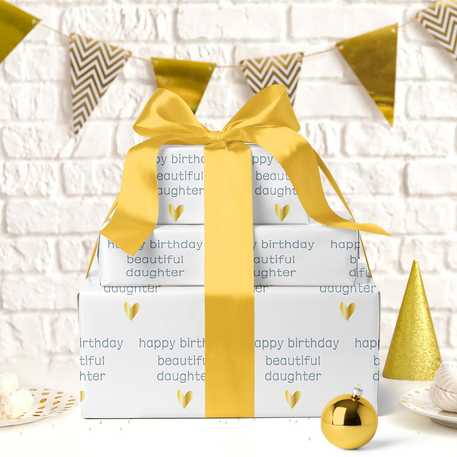 Birthday Wrapping Paper Roll For Daughter - Mini Roll - 17 Inch X 16.5 Feet - Happy Birthday Beautiful Daughter Lettering With Gold Love Design