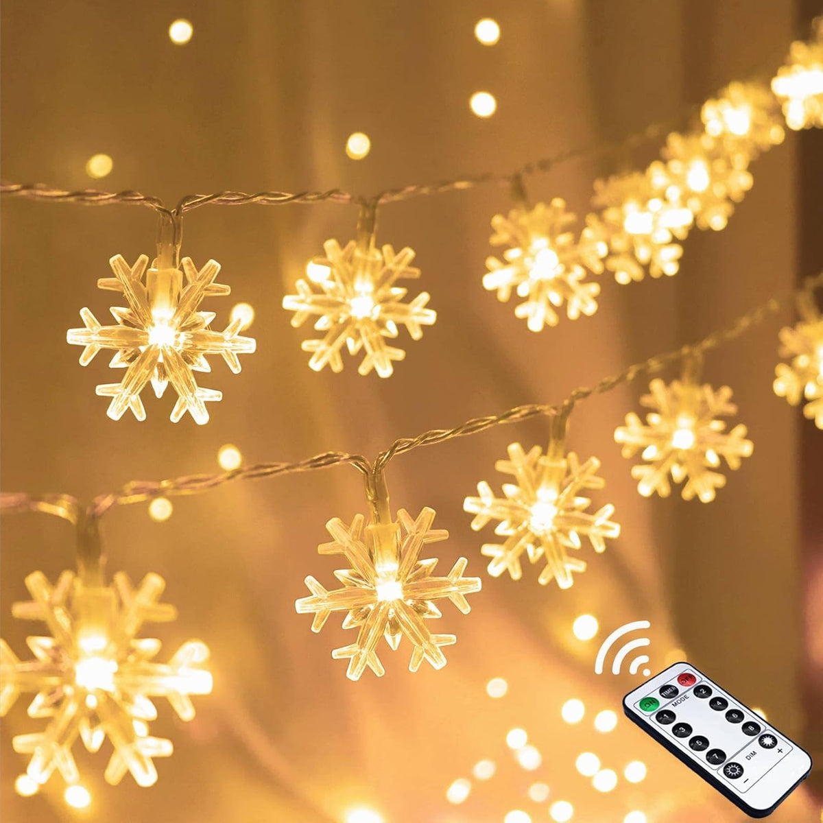 Christmas Snowflake String Lights, 20 Ft 40 Led Warm White Battery Operated Fairy Lights With Remote Timer - Bedroom Roo