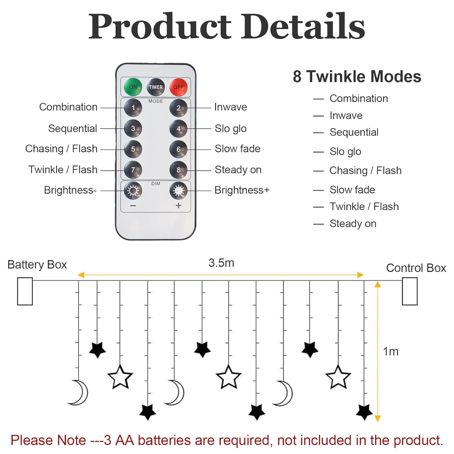 Star Moon Curtain Lights 11.5Ft Remote Control Led Fairy Lights,8 Flashing Modes Waterproof Decorative Lights For Garden
