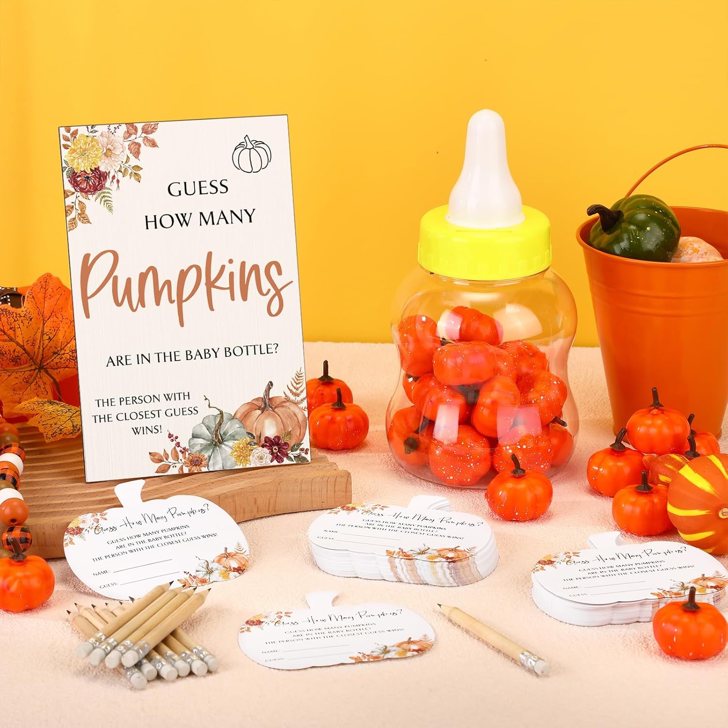 152 Pcs Fall Baby Shower Games Guess How Many Pumpkins Game Stand Sign 100 Pumpkins Guessing Cards 20 Pencils 1 Large Baby Bottle 30 Pumpkins For Guests Gender Reveal Party Game Decorations