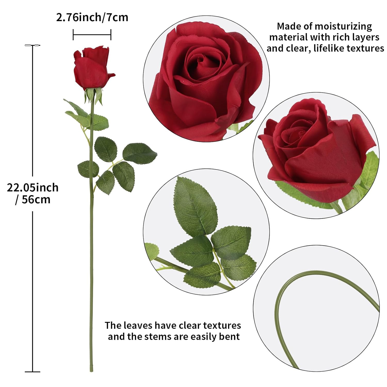 12Pcs 22" Red Real Touch Roses Artificial Flowers Realistic Rose Long Stem Roses Artificial Flowers For Home Party Wedding Table Centerpieces Décor(Red)