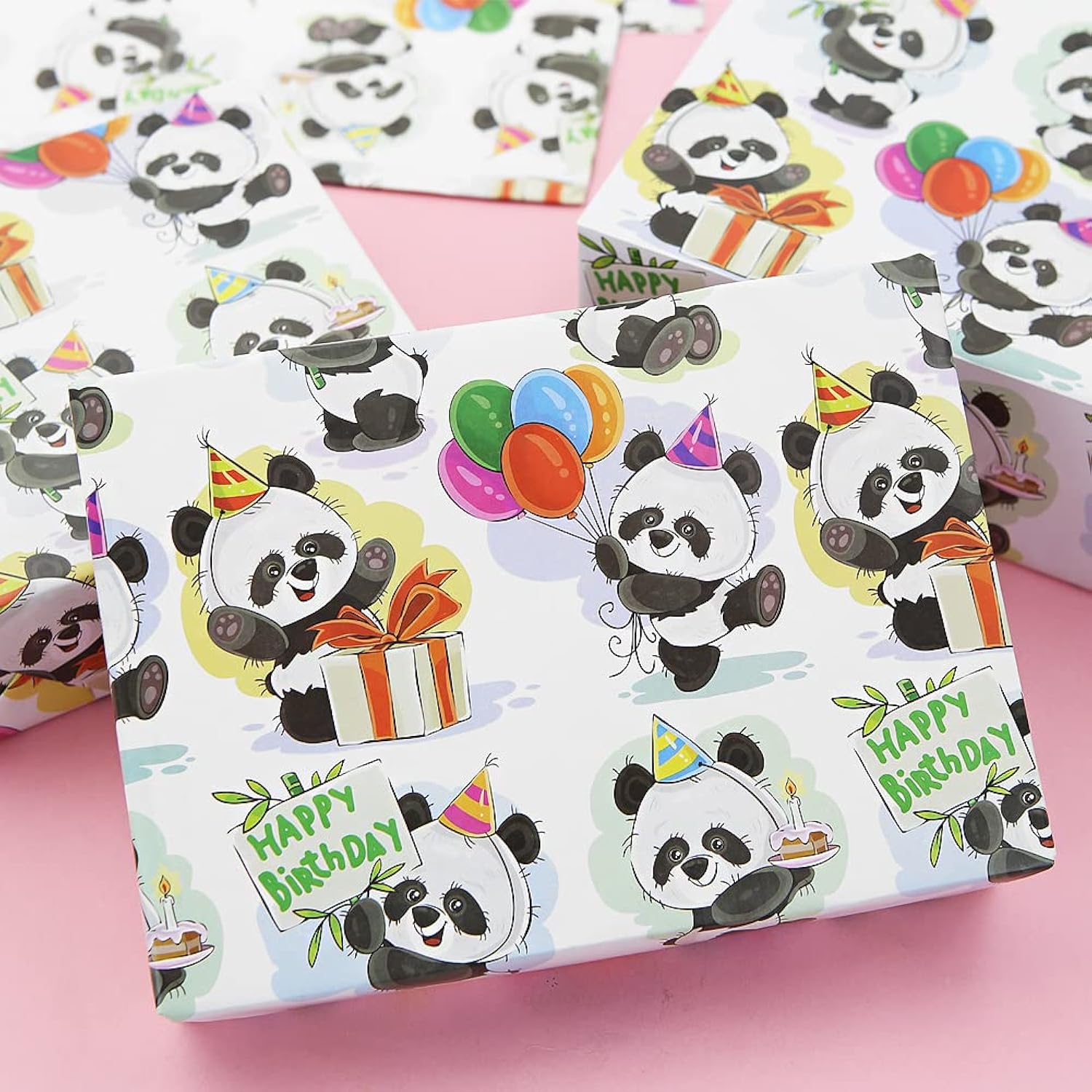 Panda Gift Wrapping Paper For Happy Birthday, Cute Pandas Balloons Wish Birthday Wrapping Paper For Baby Boys Girls Children Animal Baby Shower Kindergarten Party Xmas Gifts Wraps