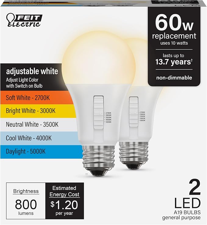 Electric A19 LED Light Bulb 60W Equivalent 5CCT Selectable 2 Pack