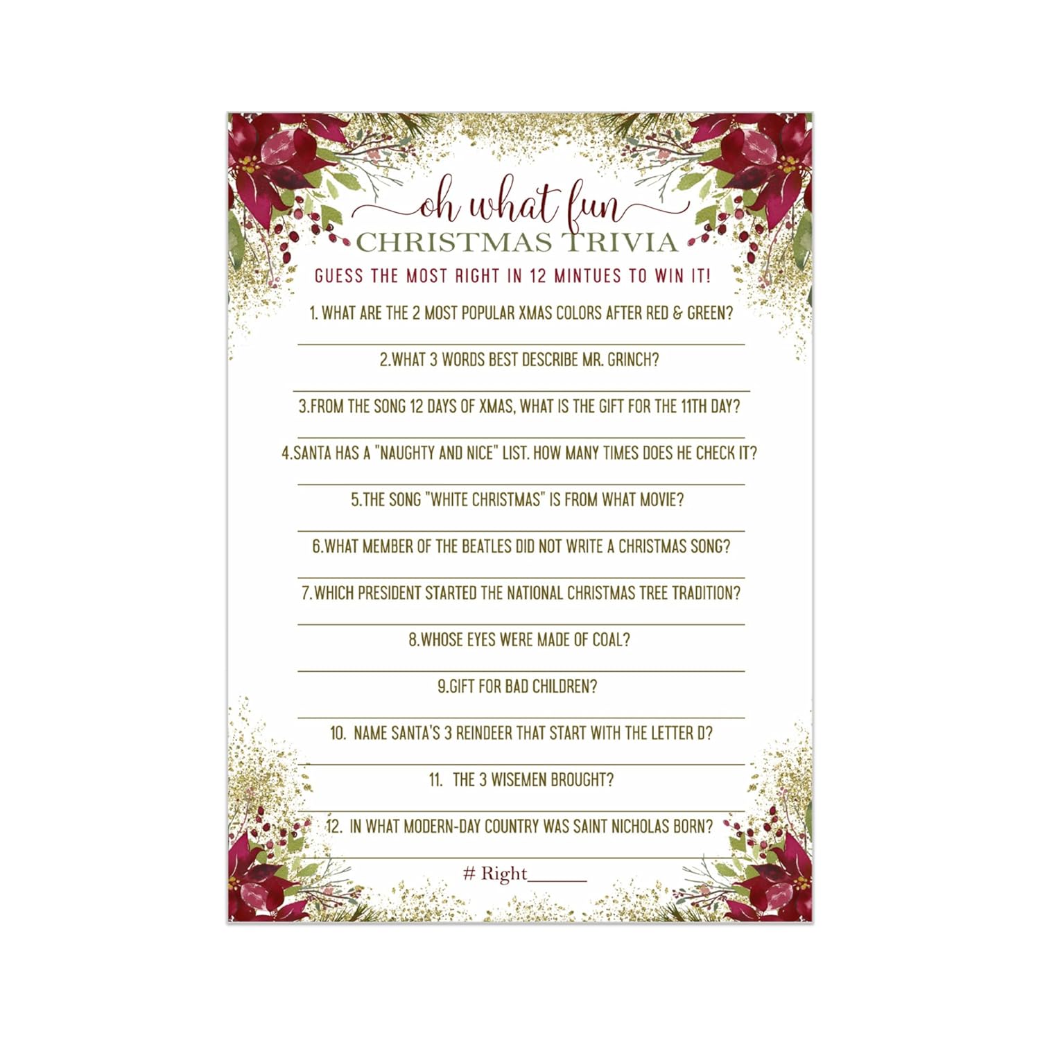 Rustic Floral Christmas Trivia Game Fun Party Activity With Holiday Movie And Song Questions For Adults, Office, Group, Thanksgiving, 25 Pack, 5X7 Cards, Version 2