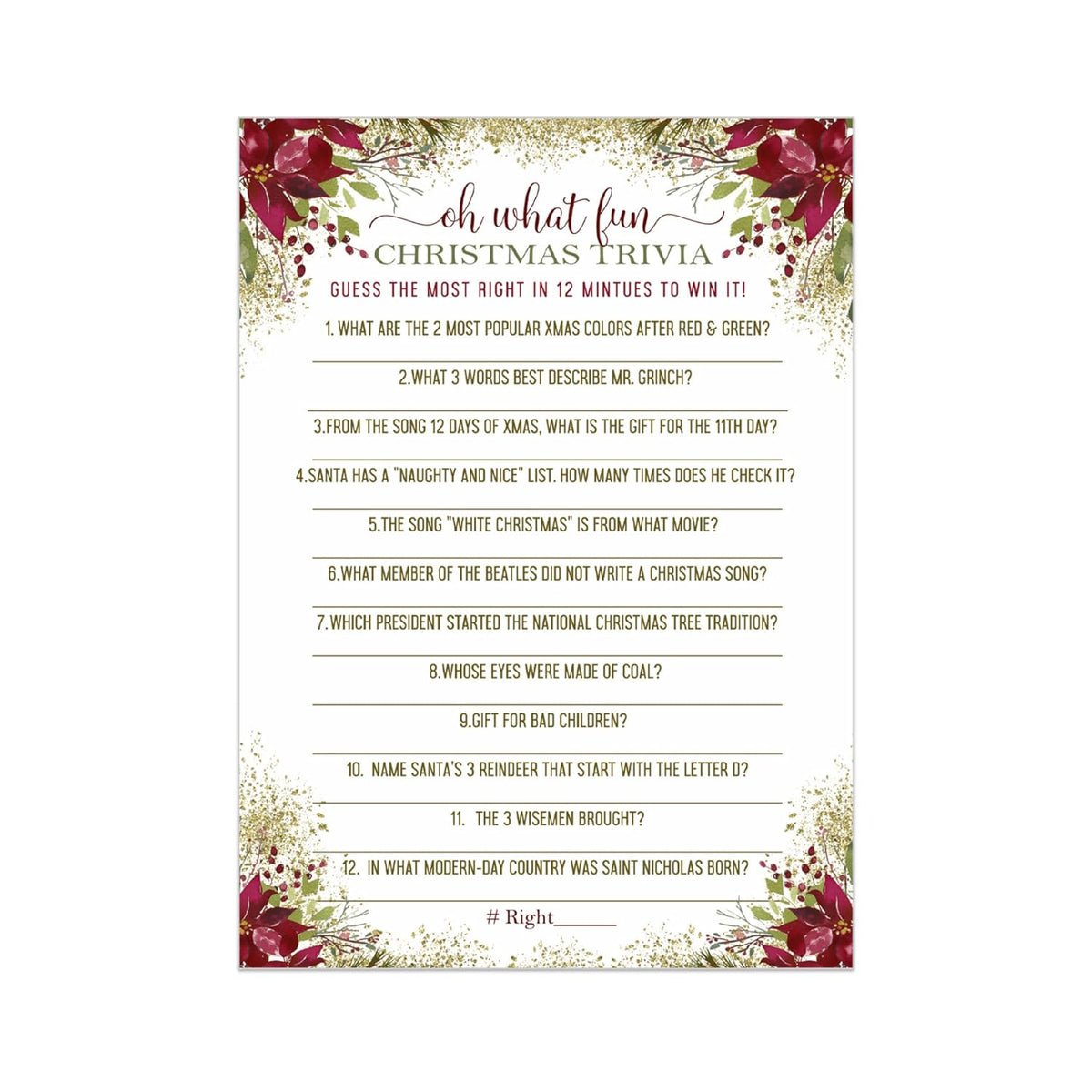 Rustic Floral Christmas Trivia Game Fun Party Activity With Holiday Movie And Song Questions For Adults, Office, Group, Thanksgiving, 25 Pack, 5X7 Cards, Version 2
