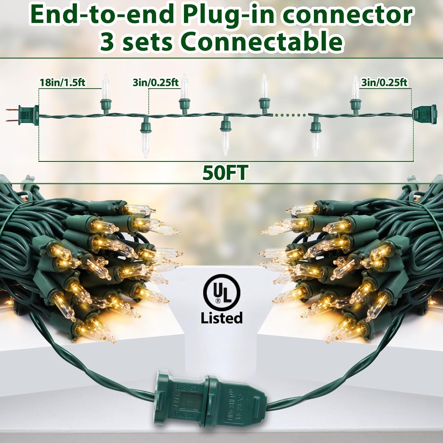 Clear Christmas Lights 50Ft 200 Incandescent Bulbs Warm White Mini Lights With Green Wire For Christmas Tree, Garland, Thanksgiving, Wedding, Party, Home, Indoor & Outdoor Festival Decoration