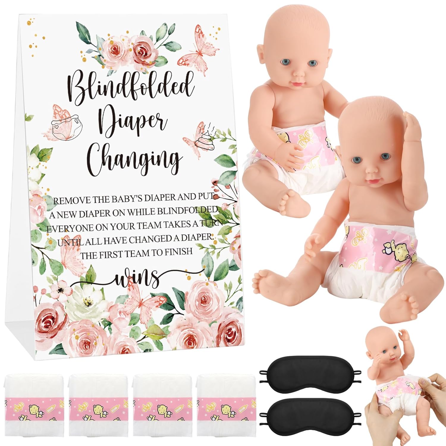 9 Pcs Baby Shower Game Supplies For Blindfold Diaper Changing Baby Dolls With Blindfolds Diapers Baby Changing Diaper Race Game Set For Baby Shower (Pink,Flower)