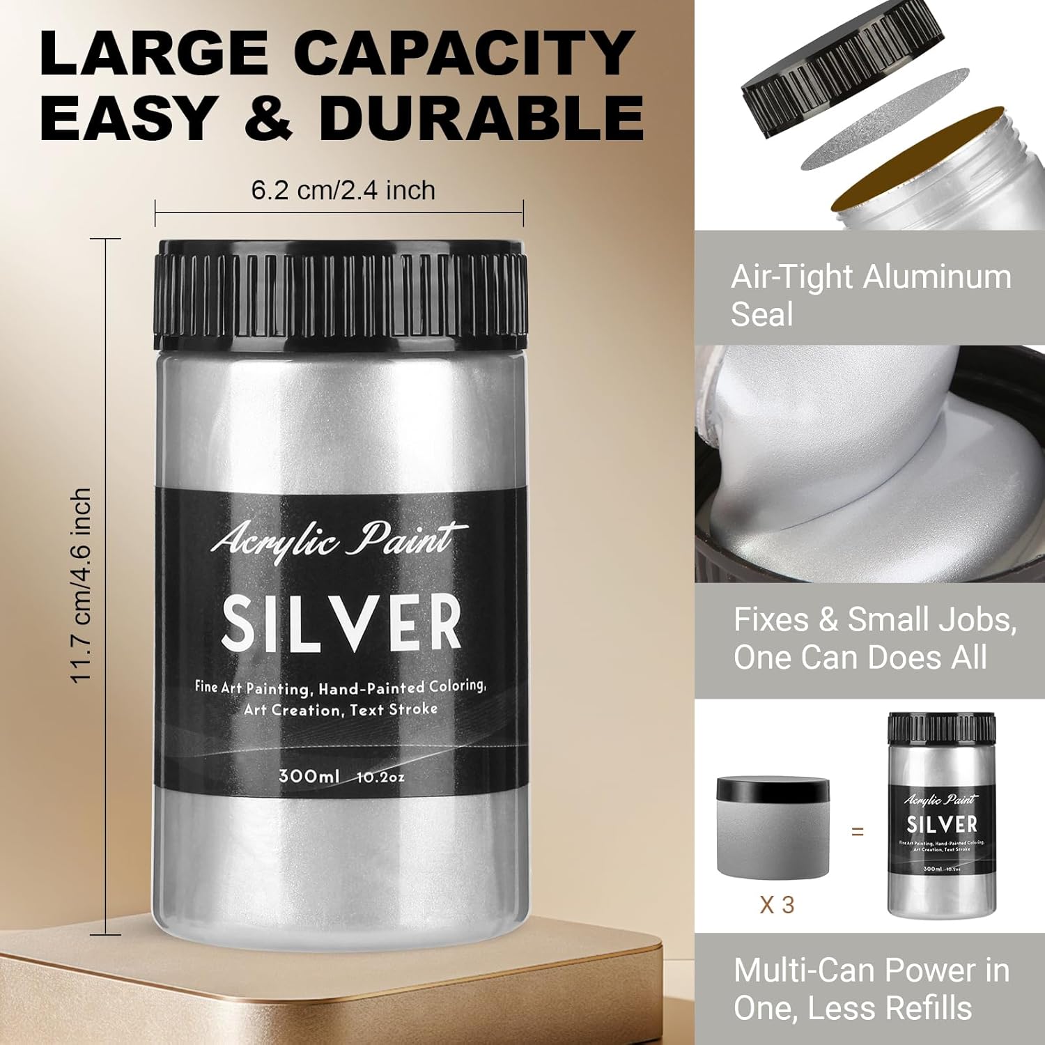 300Ml Silver Metallic Acrylic Paint, Non Toxic Waterproof Silver Metallic Acrylic Paint For Fabric, Leather, Ceramic, Canvas, Rocks, Metal, Plastic, Glass
