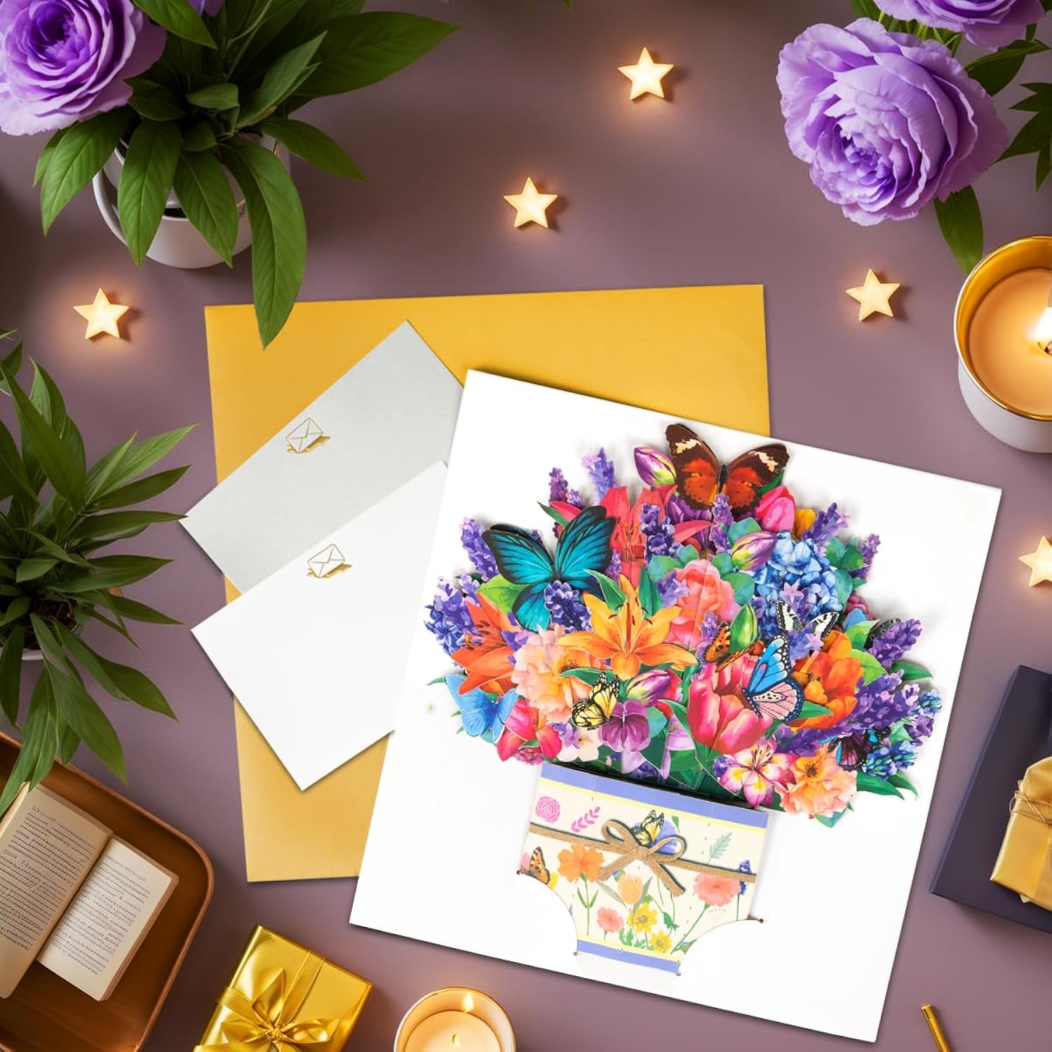 Butterfly Flower Bouquet Pop Up Card, Mother'S Day Flower Cards, Get Well Soon, Includes Envelope And Note Tag.