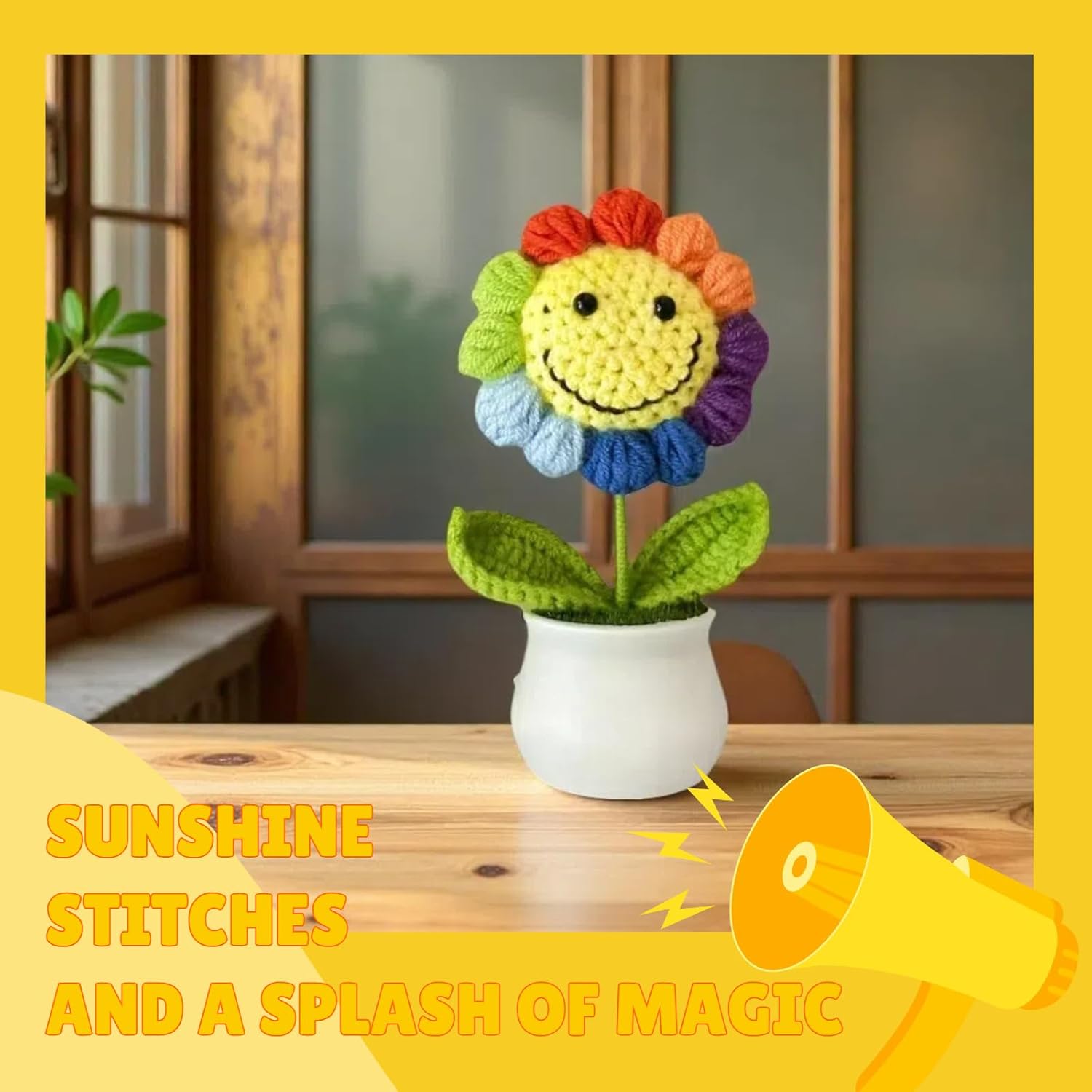 Crochet Sunflower Crochet Flower For Thank You Gifts-Artificial Rainbow Flowers Office Desk Decor For Women Or Teachers -Knitted Sunflowers Gift For Birthday Christmas Party Car Dashboard Decoration